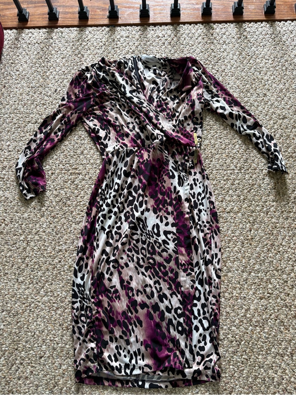 Calvin Klein Purple and Cream Leopard-Print Wrap Dress